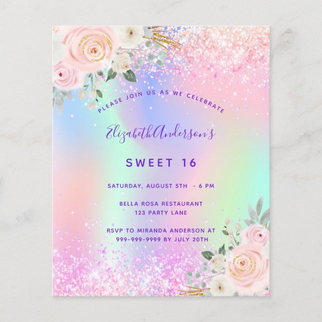 Papier Sweet 16 rose violet floral invitasjon (Devant)