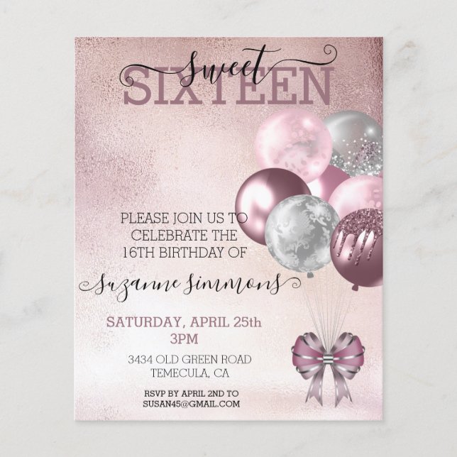 Papier Sweet 16 Seize Anniversaire Balloon Rose Or (Devant)