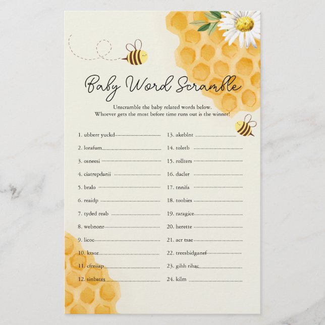 Papier Sweet Little Honey Bee Baby shower Mot Scramble (Devant)