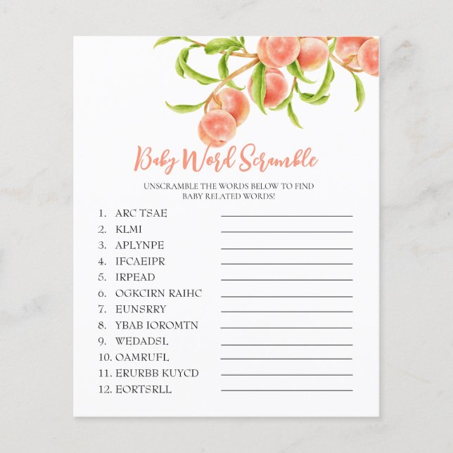 Papier Sweet Little Peach Baby shower Mot Scramble Jeu (Devant)