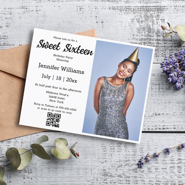 Papier sweet sixteen moderne chic code qr invitation phot (Créateur téléchargé)