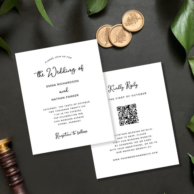 Papier Sweet Whimsical | Mariage budgétaire RSVP du code  (An elegant, black and white budget wedding invitation with scannable QR code to rsvp)