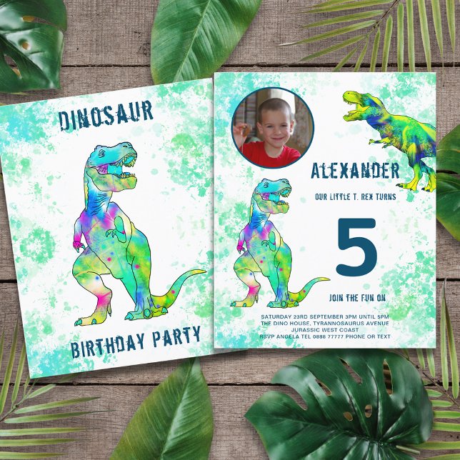 Papier T-Rex 5e anniversaire Budget du parti (Dinosaur T-Rex jungle 5th birthday party budget invitation with photo template green)