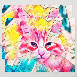 Papier Tabby Design Chat rose Jaune Design d'art Turquois