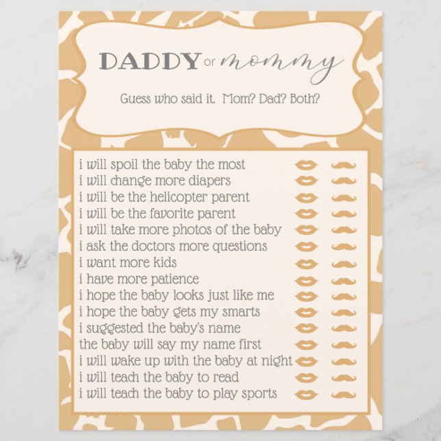 Papier Tan Baby Giraffe Baby shower Jeu Qui L'A Dit (Devant)