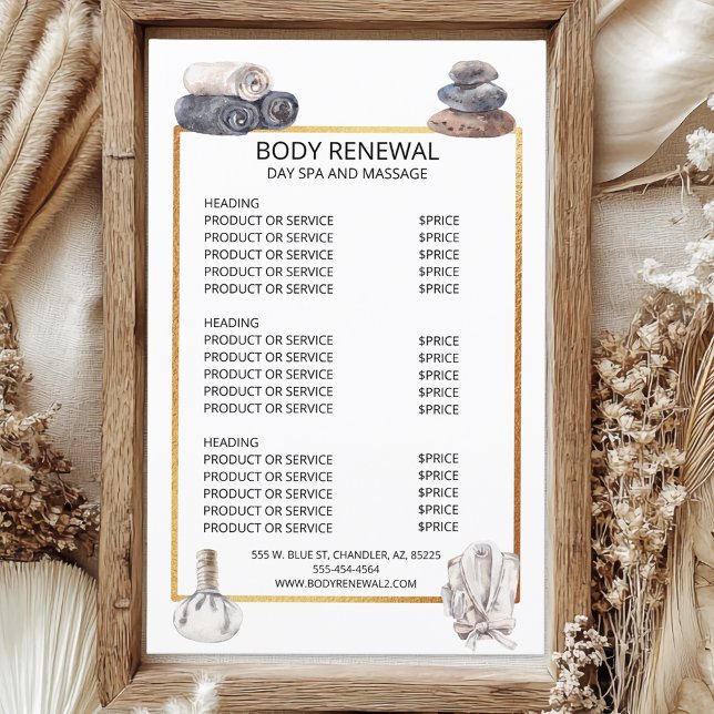 Papier Tarif Massage spa Services Aquarelle (Créateur téléchargé)