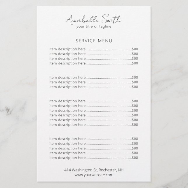 Papier Tarif minimaliste simple et élégant (Devant)