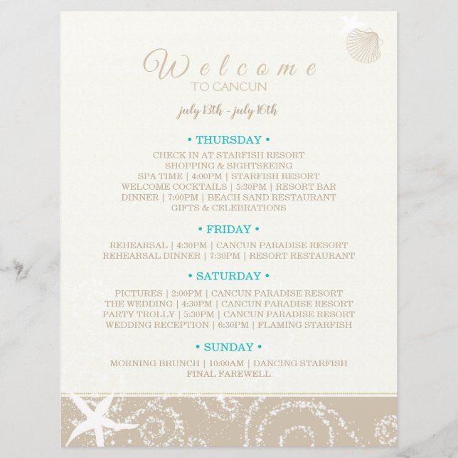 Papier Taupe ivoire Starfish Plage Mariage Itinéraire (Devant)