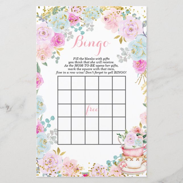 Papier Tea Party Pastel fleurs baby shower Bingo (Devant)