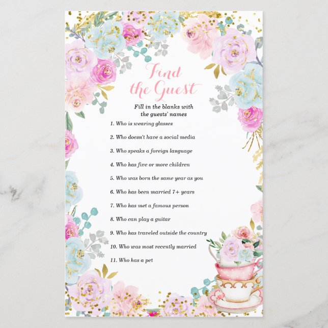 Papier Tea Party Pastel floral Trouver le jeu Invité (Devant)