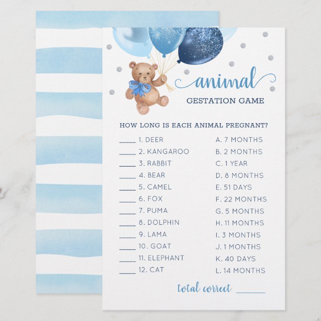Papier Teddy Bear Animal Gestation Baby shower de jeu (Devant / Derrière)
