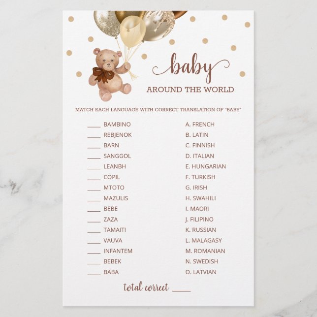 Papier Teddy Bear Baby autour du monde jeu (Devant)