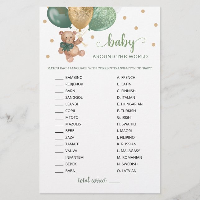 Papier Teddy Bear Baby autour du monde jeu (Devant)