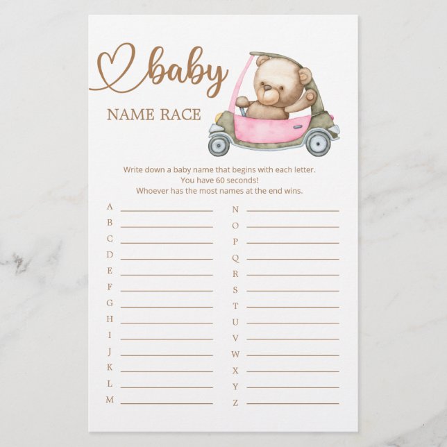 Papier Teddy Bear Baby shower Baby Name Race Game (Devant)
