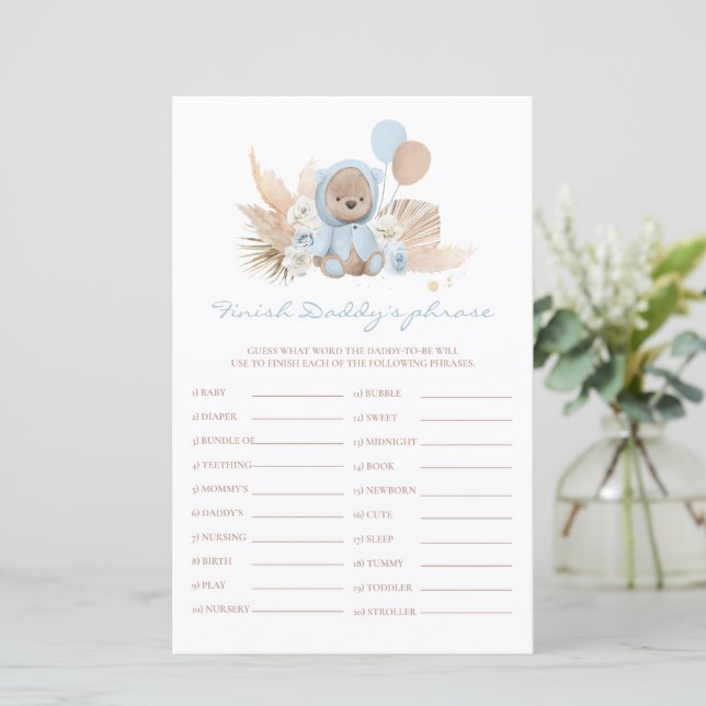 Papier Teddy Bear Baby shower Finish Daddy's Phrase Game (Debout devant)