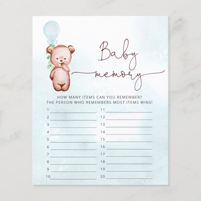 Papier Teddy Bear Baby shower Jeu Baby Memory (Devant)
