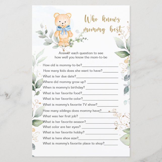 Papier Teddy Bear Baby shower Jeu Qui Connaît Maman Meill (Devant)