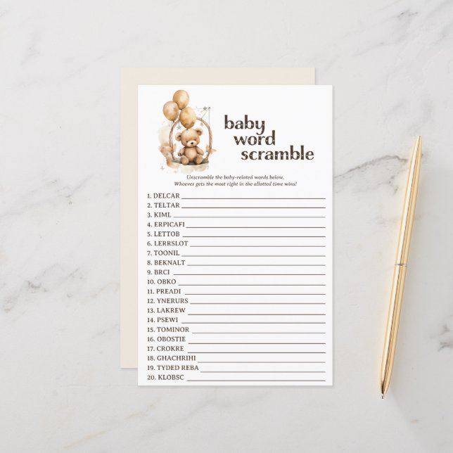 Papier Teddy Bear Baby shower Word Scramble Jeu (Devant/Arrière en situation)