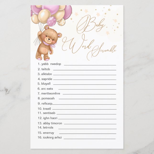 Papier Teddy Bear Balloons rose Mot Jeu (Devant)