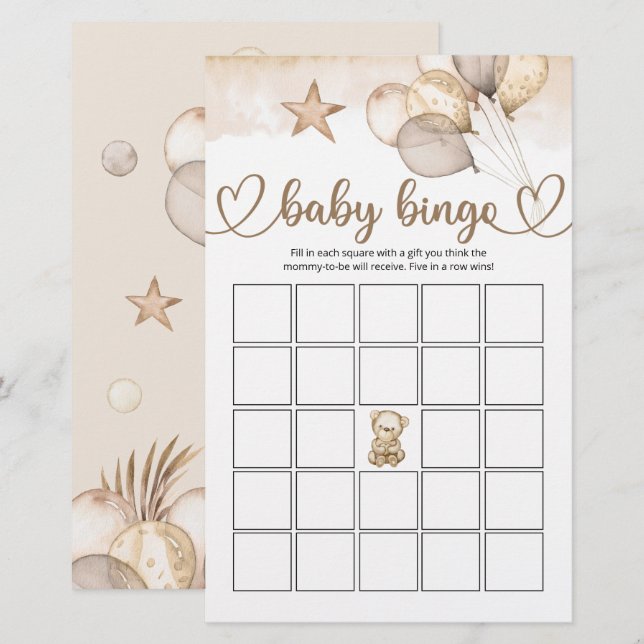 Papier Teddy Bear Bear Baby shower Bingo Jeu (Devant / Derrière)