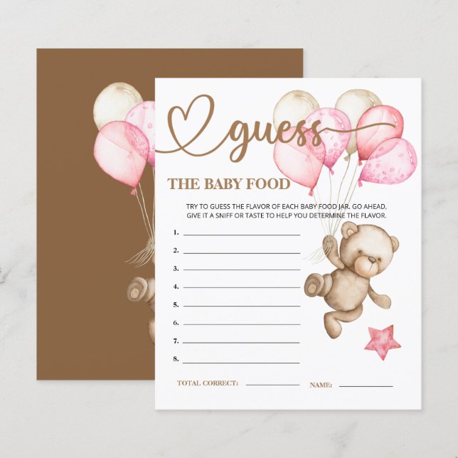 Papier Teddy Bear Bear Bear Guess the Baby Food Card. (Devant / Derrière)