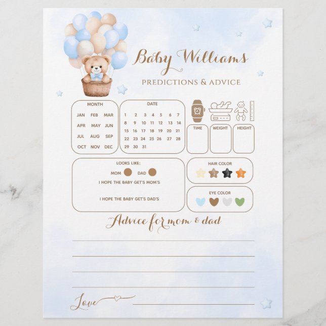 Papier Teddy Bear Blue Balloon Baby Boy Jeu de devis (Devant)