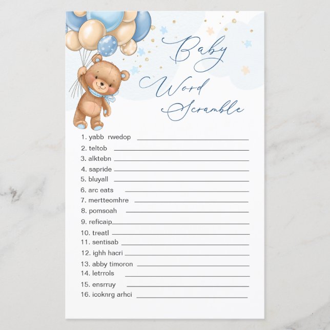 Papier Teddy Bear Blue Balloons Word Scramble Jeu (Devant)