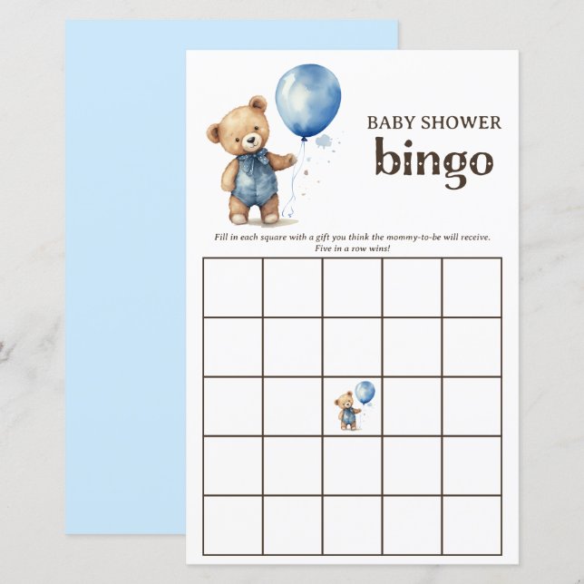 Papier Teddy Bear Boy Baby shower Bingo Jeu (Devant / Derrière)