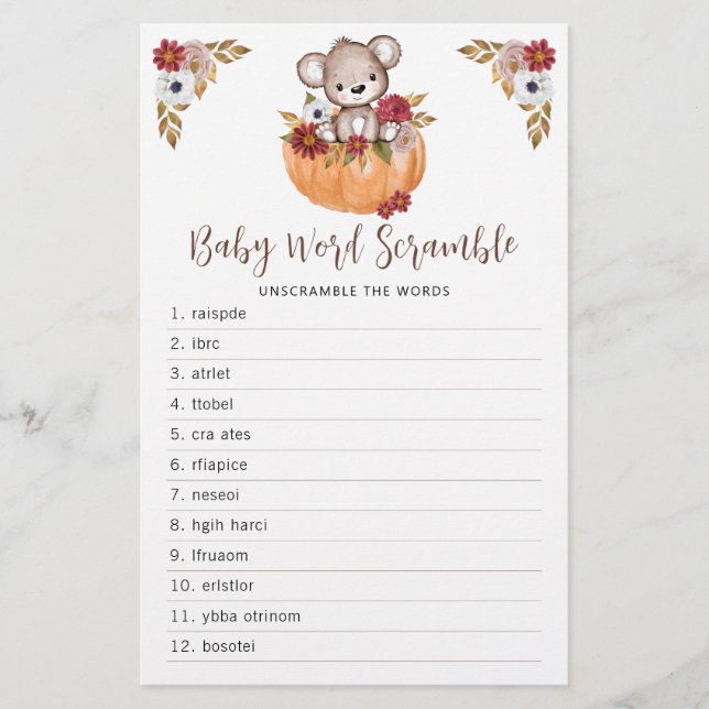 Papier Teddy Bear Citrouille Automne Baby shower Mot Jeu (Devant)