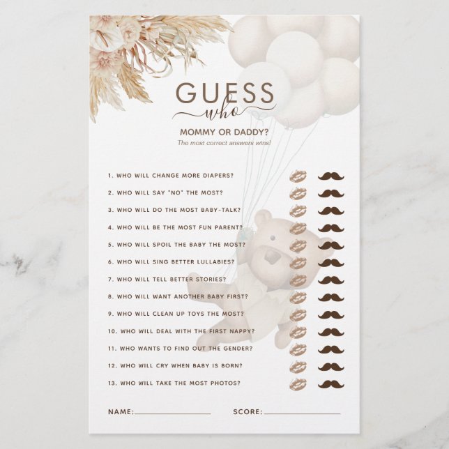 Papier Teddy Bear Devine Qui Baby shower Jeu (Devant)