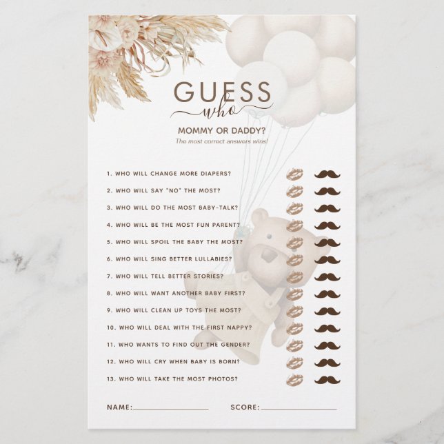 Papier Teddy Bear Devine Qui Baby shower Jeu (Devant)