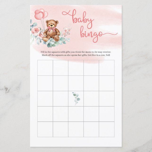 Papier Teddy Bear Eucalyptus Wreath Baby Bingo Jeu (Devant)