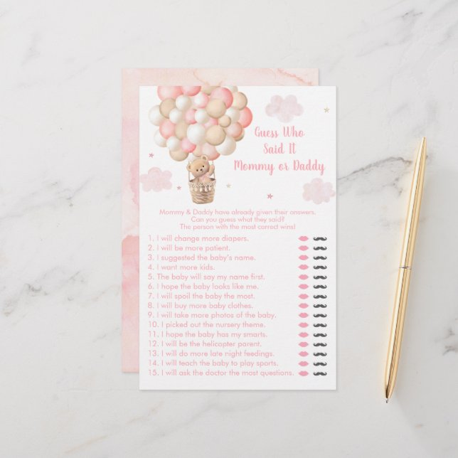 Papier Teddy Bear Hot Air Balloon Guess Who Said It Game (Devant/Arrière en situation)