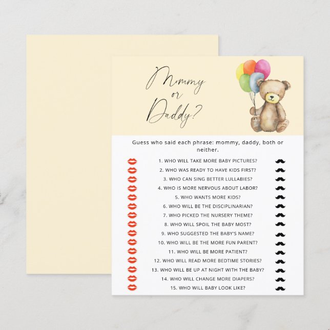 Papier Teddy Bear - maman ou papa jeu de baby shower (Devant / Derrière)