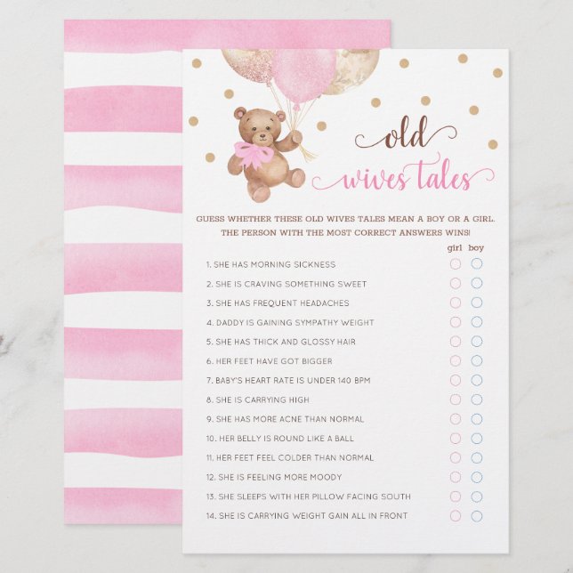 Papier Teddy Bear Old Wives Tales Genre Reveal Baby Game (Devant / Derrière)