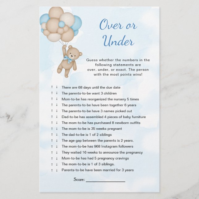 Papier Teddy Bear Over or Under Baby Game (Devant)
