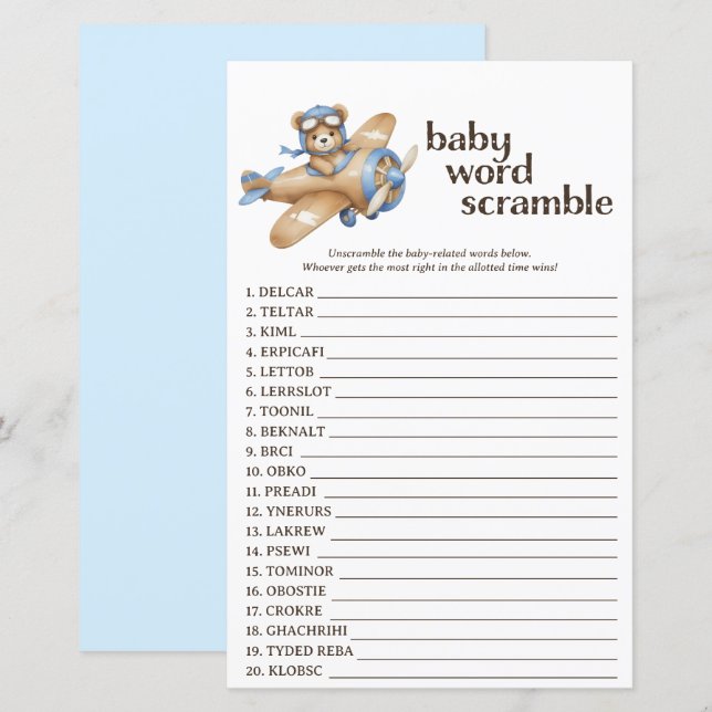 Papier Teddy Bear Pilote Baby shower Mot Scramble Jeu (Devant / Derrière)