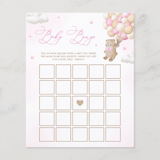 Papier Teddy Bear Pink Baby shower Bingo Jeu (Devant)