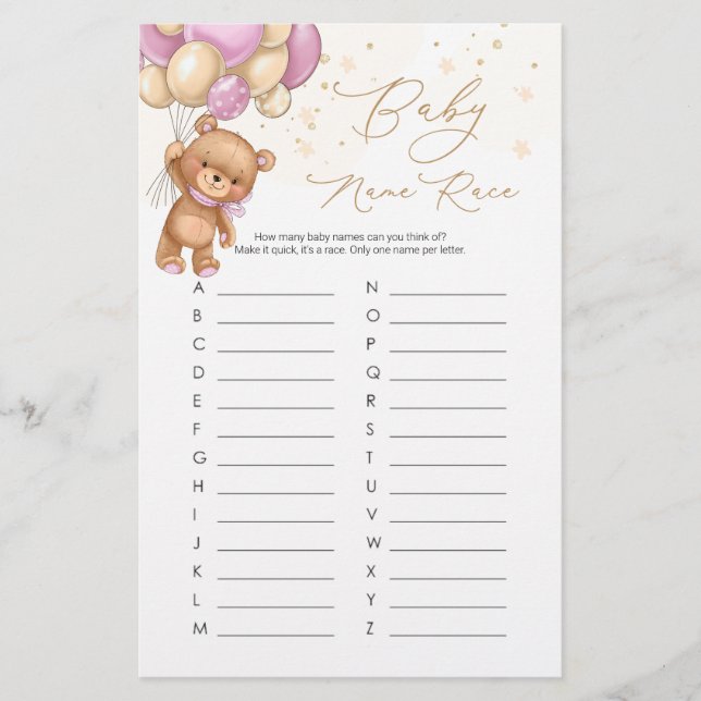 Papier Teddy Bear Pink Balloons Baby Name Race Jeu (Devant)