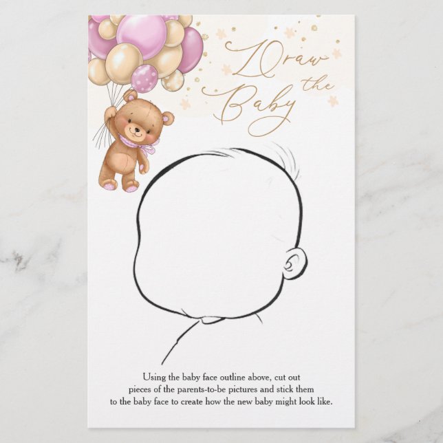 Papier Teddy Bear Pink Balloons Dessiner le jeu de bébé (Devant)