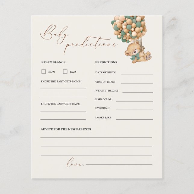 Papier Teddy Bear Prédictions et Conseils Baby shower Jeu (Devant)