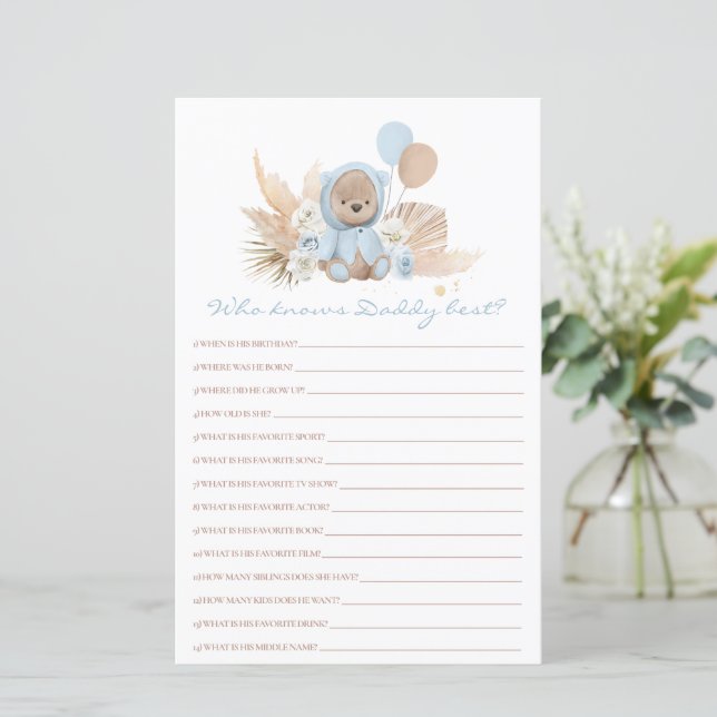 Papier Teddy Bear Qui Connaît Papa Meilleur Baby shower J (Debout devant)