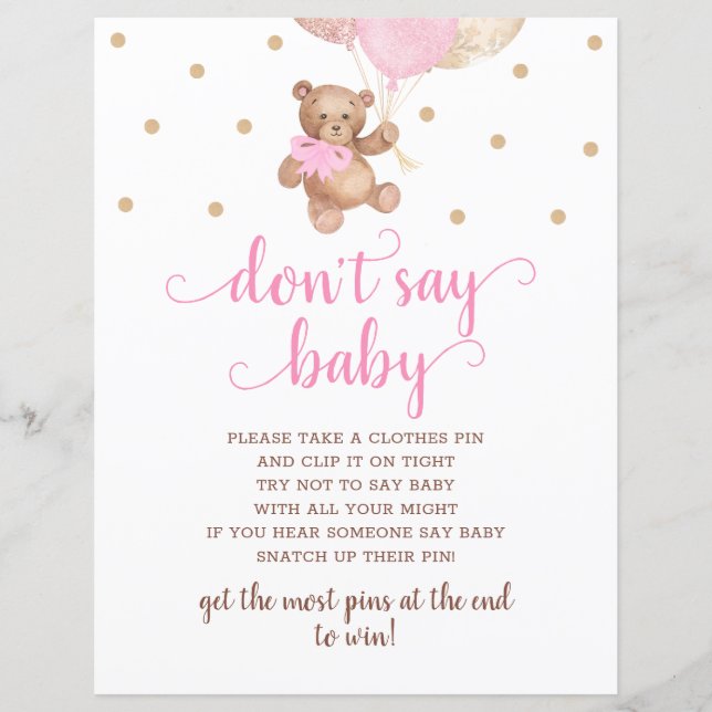 Papier Teddy Bear Rose and Gold ne pas dire Baby Game (Devant)