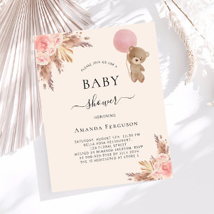 Papier Teddy bear rose beige fille baby shower invitation