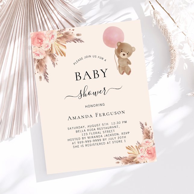 Papier Teddy bear rose beige fille baby shower invitation (Créateur téléchargé)