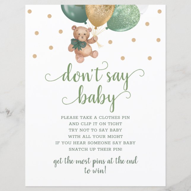 Papier Teddy Bear Sage Green Ne pas dire Baby Game (Devant)