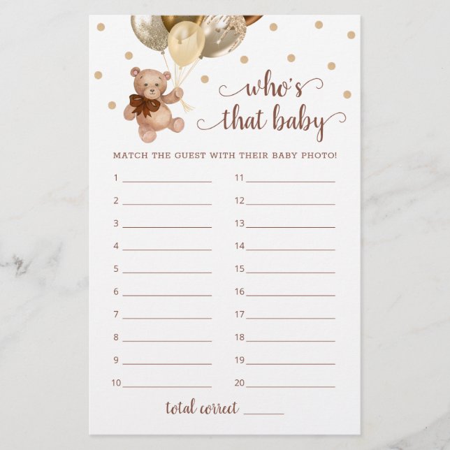 Papier Teddy Bear Who's That Baby shower Photo Game (Devant)