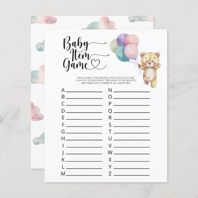 Papier Teddy - Jeu d'objets pour bébé. Jeu de Baby Shower (Devant / Derrière)