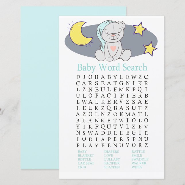 Papier Teddy ours Baby shower Mot de recherche Jeu (Devant / Derrière)
