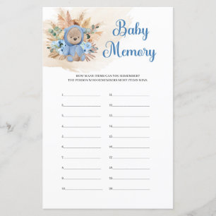 Papier Teddy ours bleu poussiéreux fleurs pampas Baby Mem